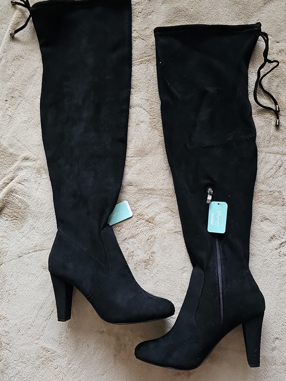 Women's Black Over-the-Knee Heeled Boots - Suede Look